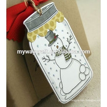 Cute adorable white snowman in jar shaped decorated christmas gift tags